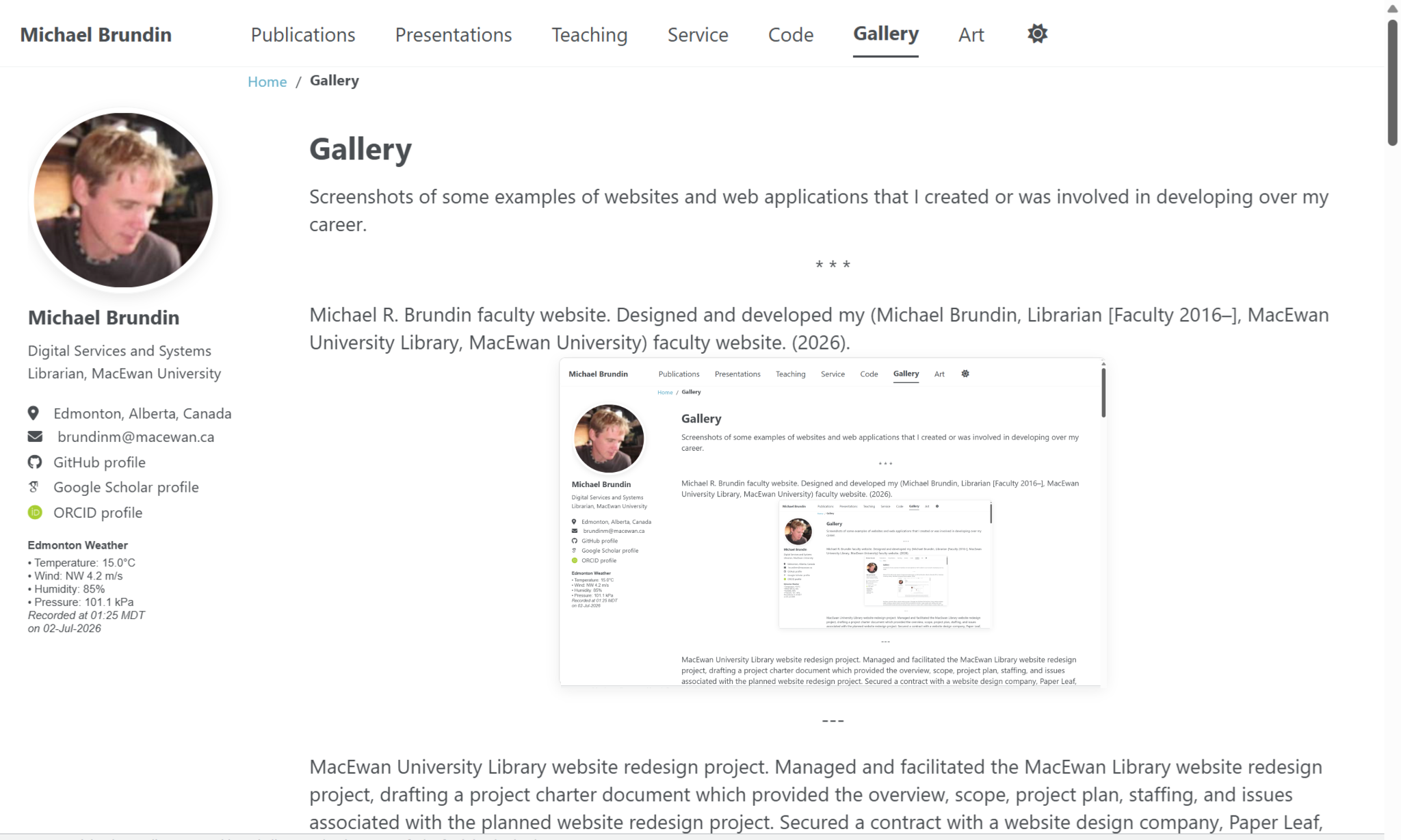 Screenshot image of Michael Brundin's faculty website