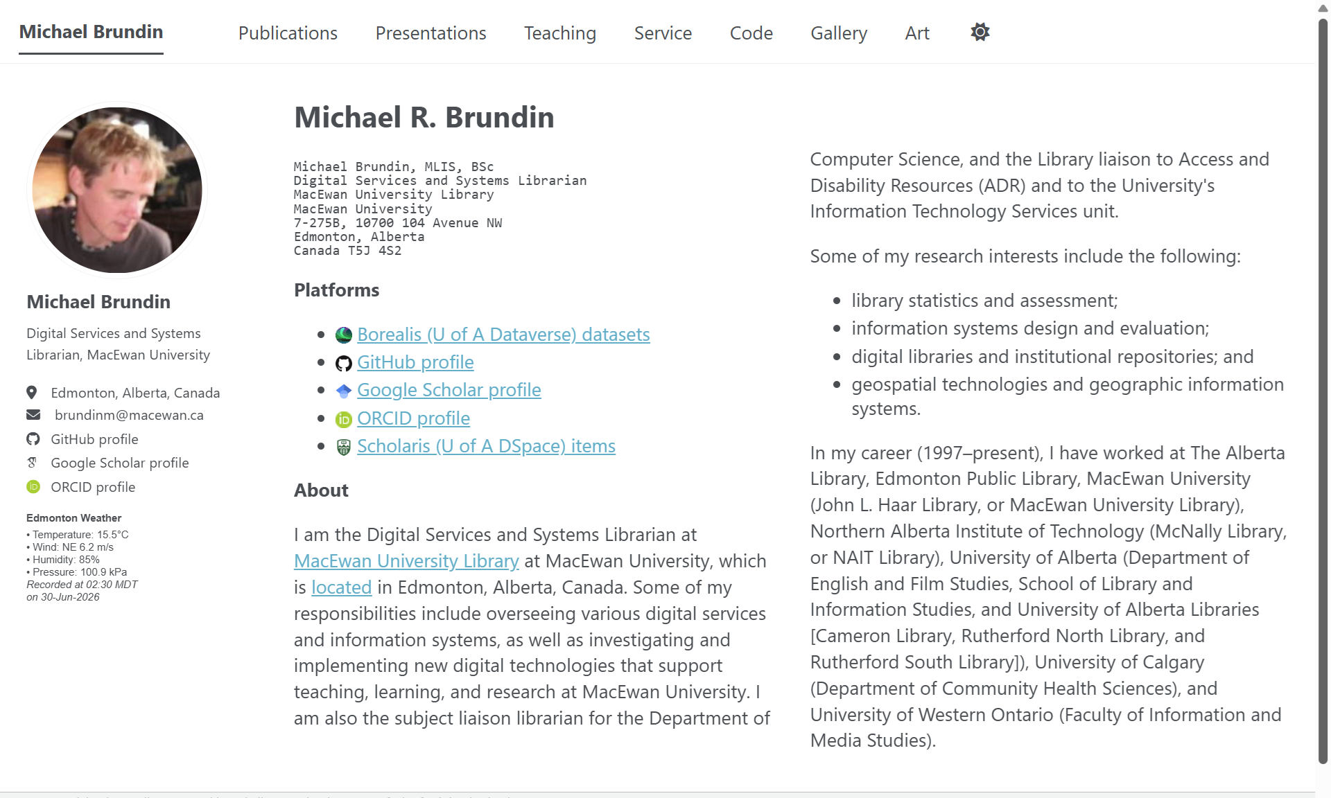 Screenshot image of Michael Brundin's faculty website