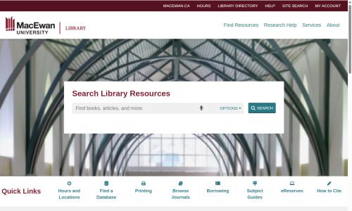 Screenshot image of the redesigned MacEwan University Library website