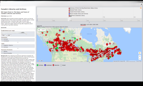 Screenshot image of the libraries and archives mapping and timeline application