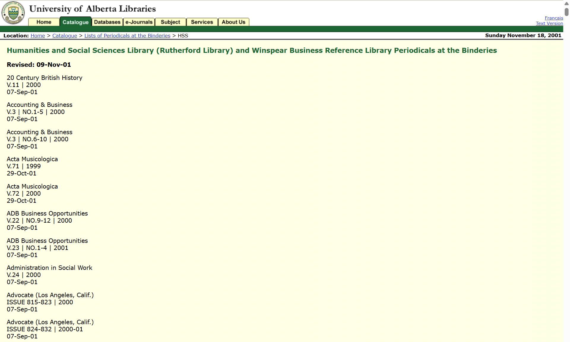Screenshot image of HSS periodicals at the binderies